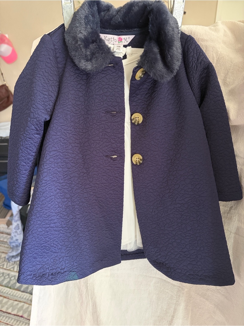 Toddler girls Navy Textured Pea Coat with Faux-Fur Collar and cream tulle dress